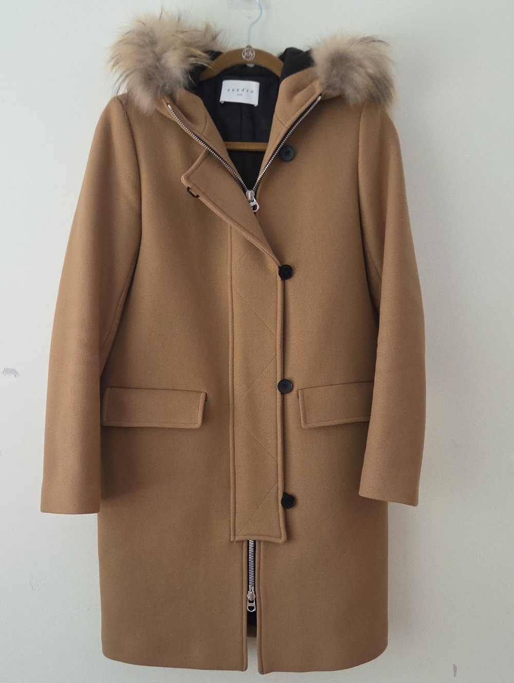 Sandro Paris Camel Virgin Wool Hooded Coat with Real Racoon Fur Trim - Size 36